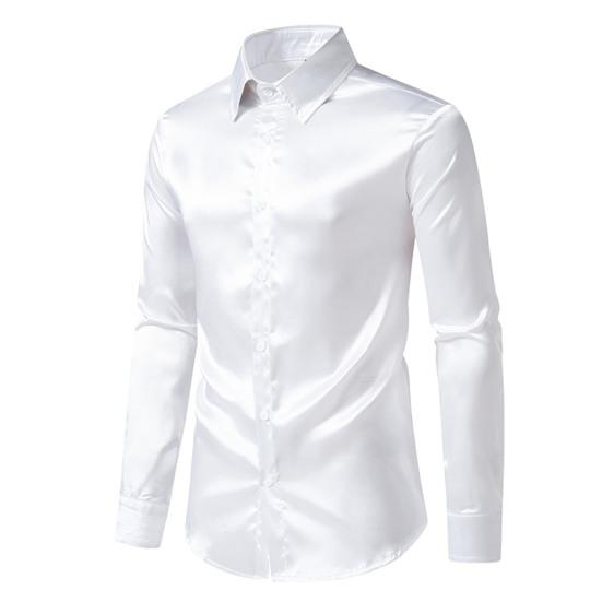 Men Dress Shirt Glossy Surface Satin Solid Color Turn-down Collar Button-down Mid Length Formal Busines Shirt Party Club Shirt