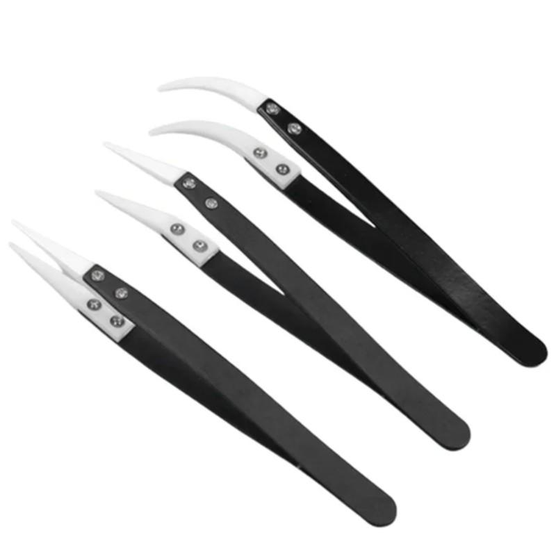 3PCS Anti-Static Ceramic Tweezers Stainless Steel Industrial Ceramic Tweezers Insulated Straight/Curved Tip Black-Whit Tweezers 4