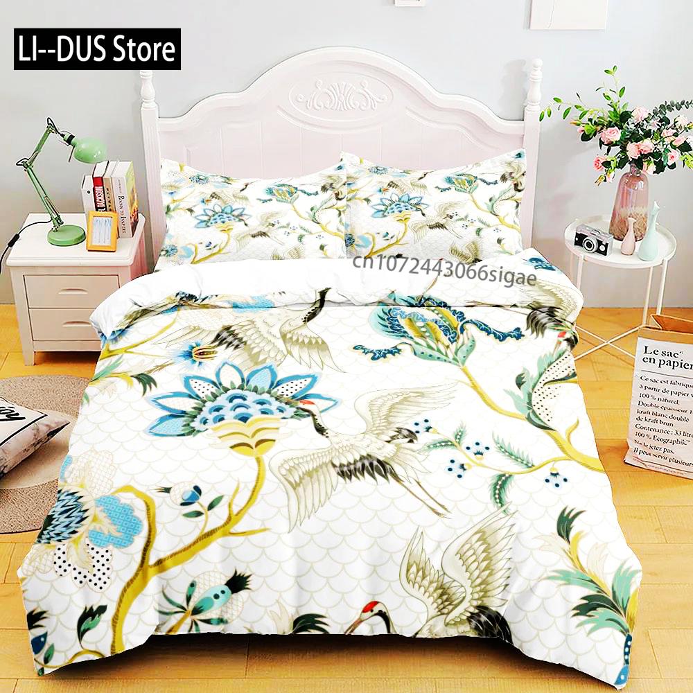 Набор постельного белья из стиранного хлопка с 3D-печатью, рисунок птицы и цветы, маленький односпальный, полуторный, двуспальный, королевский, суперкоролевский размер