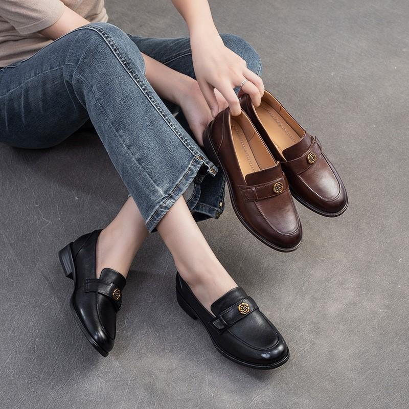 Johnature Однотонные лоферы в стиле ретро, универсальные женские туфли из натуральной кожи на низком каблуке без застежек