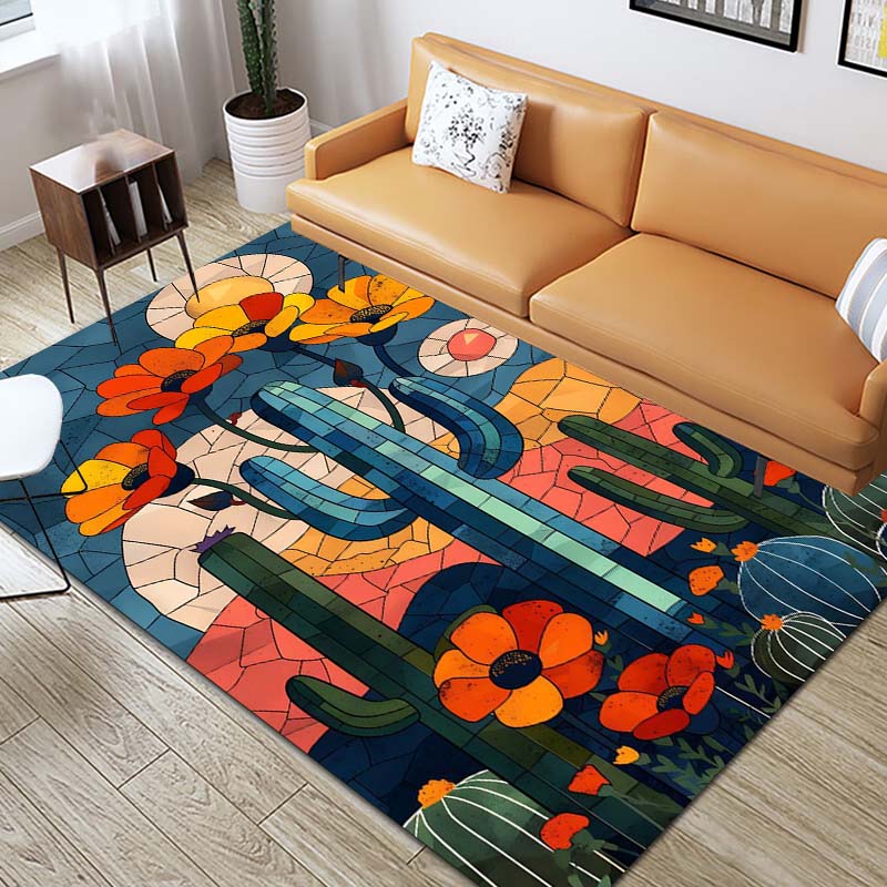 Non-slip rug featuring a 3D cactus and vivid floral print—suitable for the living room, bedroom, kitchen, and bathroom.