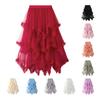 Women Cake Skirt Mid-rise Elastic Waist Irregular Hem Midi Skirt Solid Color Mesh Swing Long Skirt Daily Wear