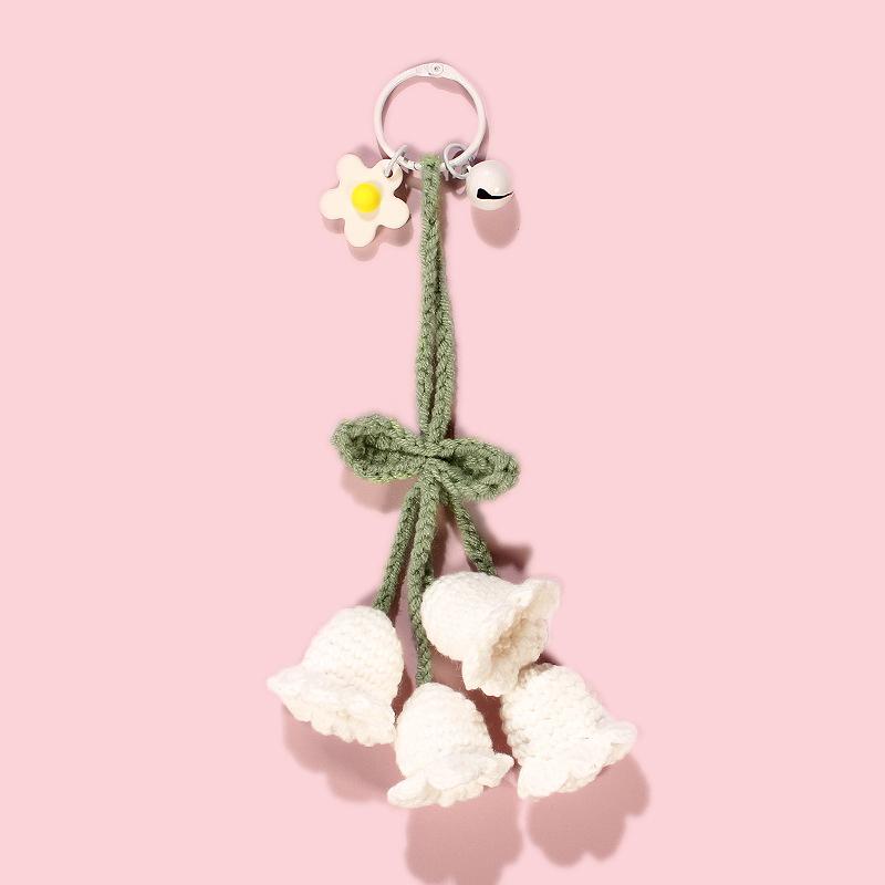 Women Bell Orchid Keychain With Bell Cute Crocheted Handbag Charms Wind Chimes Flower Keyring Bag Pendants Handmade Knitted