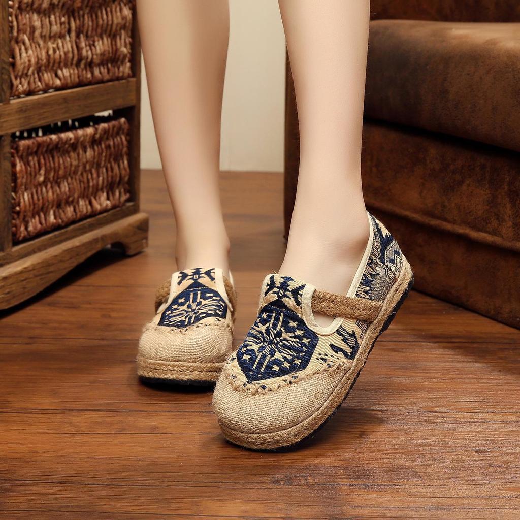 College Style Mori Girl Embroidered Linen Shoes - Old Beijing Cloth with Harajuku Design