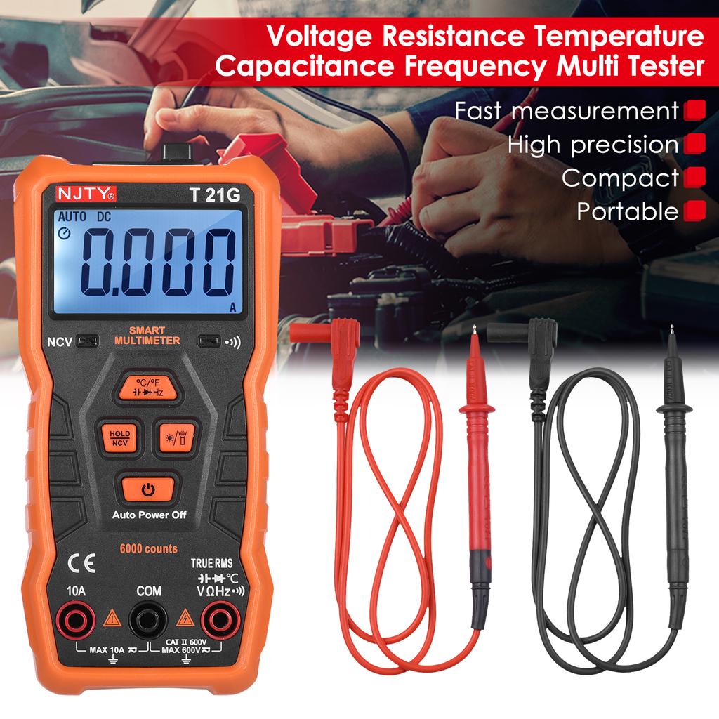 NJTY T21G Мини-умный мультиметр, 6000 отсчетов, истинное среднеквадратичное значение, универсальный счетчик, карманный размер, компактный 2-дюймовый ЖК-дисплей