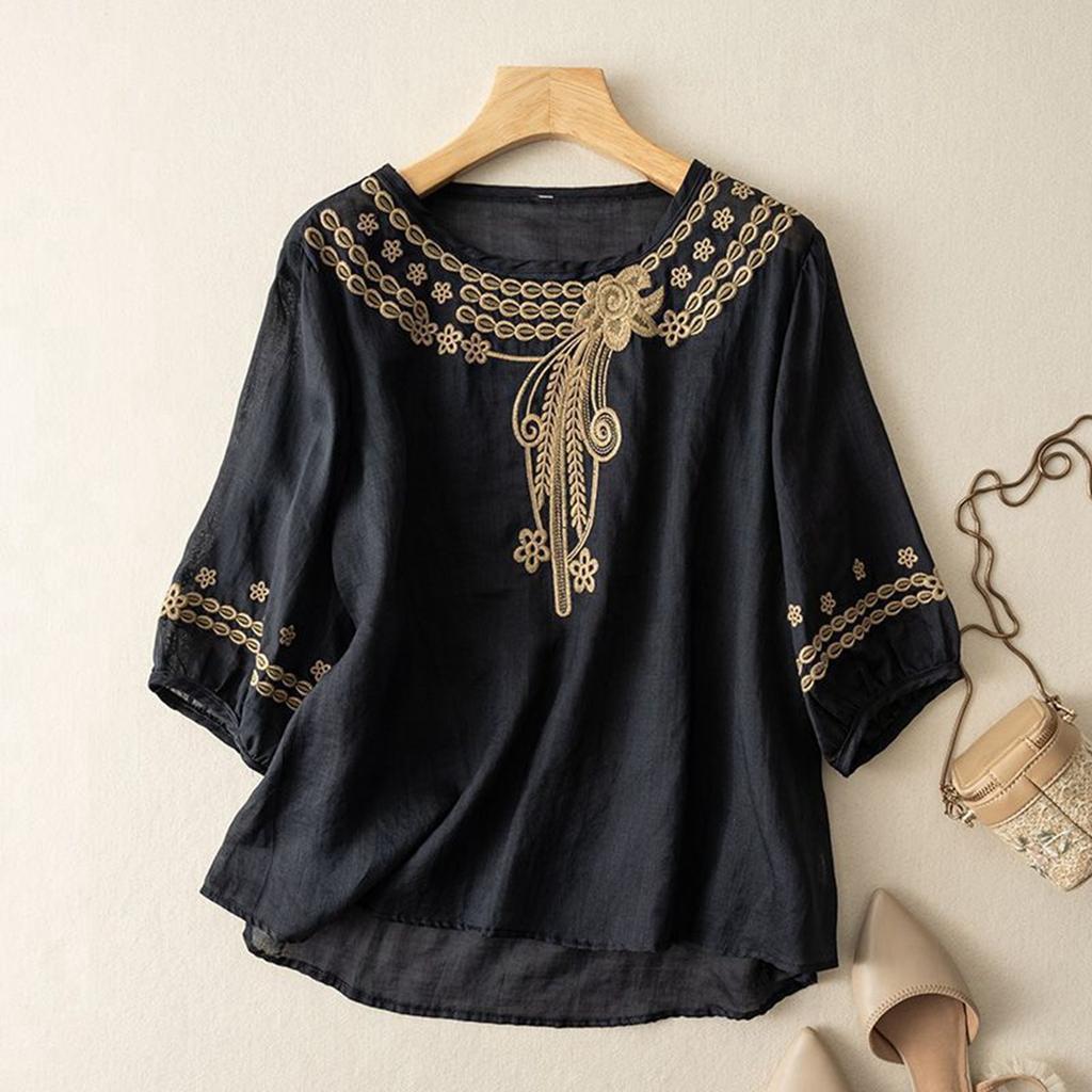 Shirt For Women Fashion Casual Cuff Sleeve Cotton Linen V Neck Top Summer Embroidery Loose T Shirt Top Short Sleeve Tops