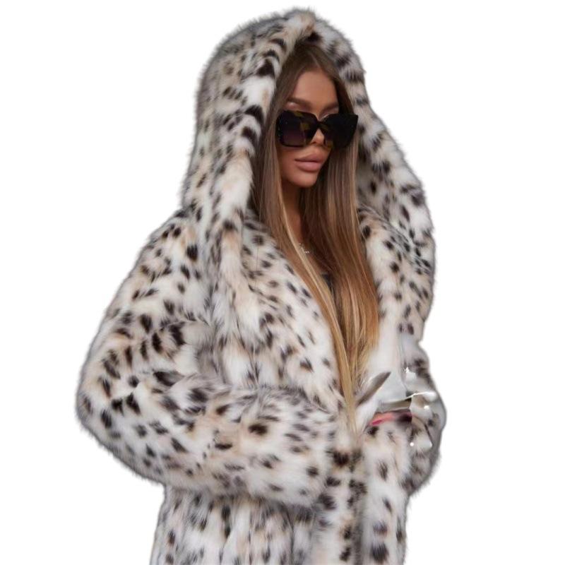 Women's Leopard Print Hooded Imitation Fur Jacket Toka Long Coat Thickened Thermal Mink Trench Coat