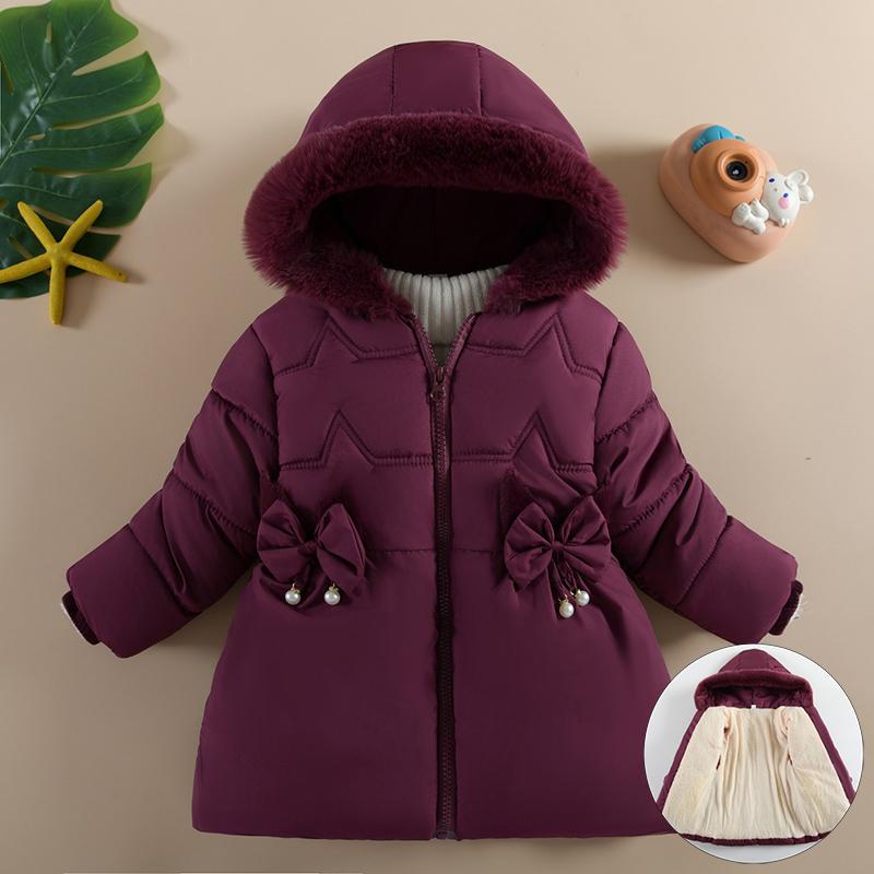 2-4 Years Autumn Winter Girls Jacket Fur Collar Keep Warm Flowers Little Princess Coat Hooded Zipper Baby Outerwear Kids Clothes