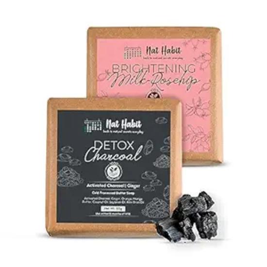 Nat Habit Brightening Milk-Rosehip & Detox Charcoal Butter Bath Soap With Cold Processed For Detoxification (125g X 2, Combo)