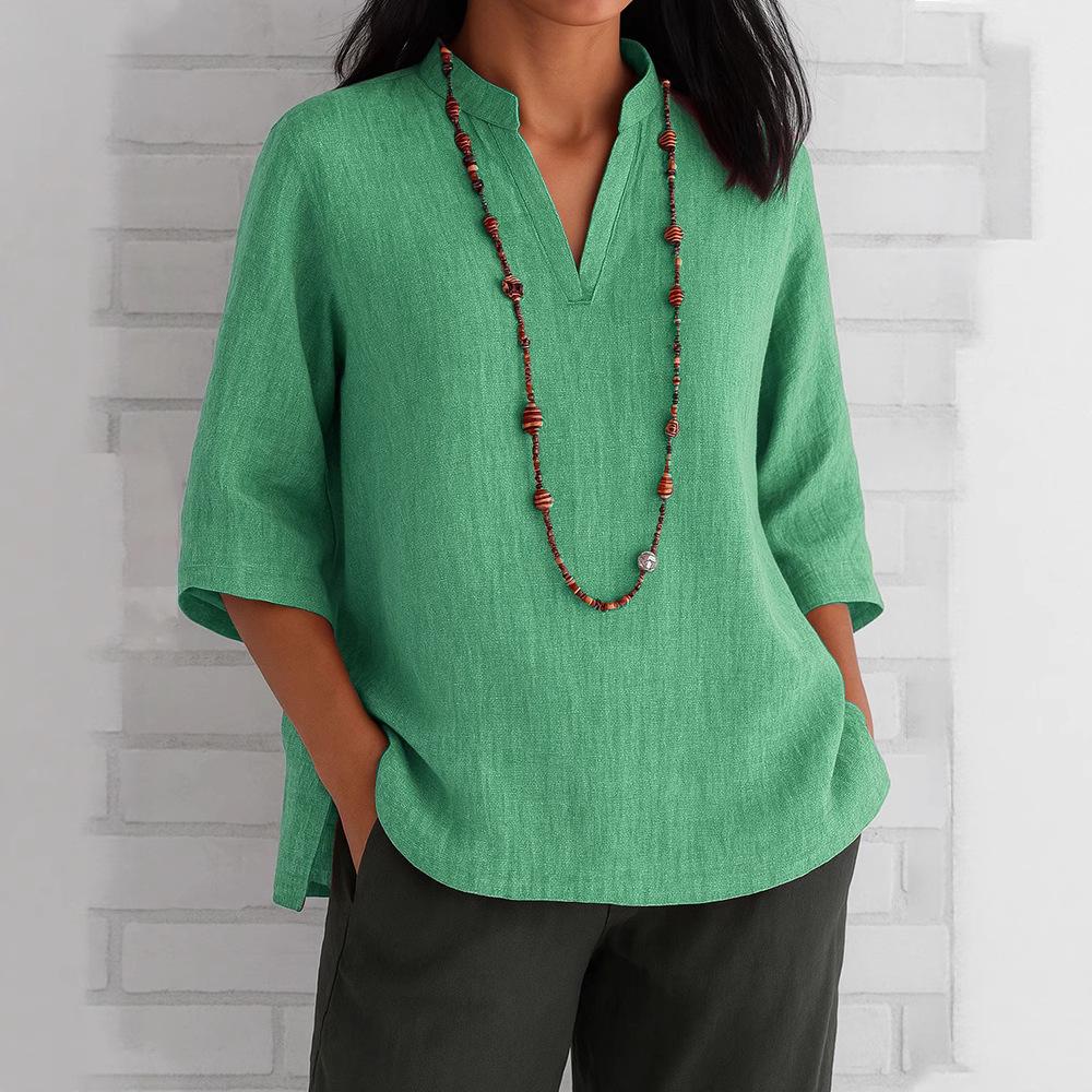 YYFS Женские модные повседневные летние весенние однотонные блузки и рубашки с рукавами 1/2 и v-образным вырезом с принтом