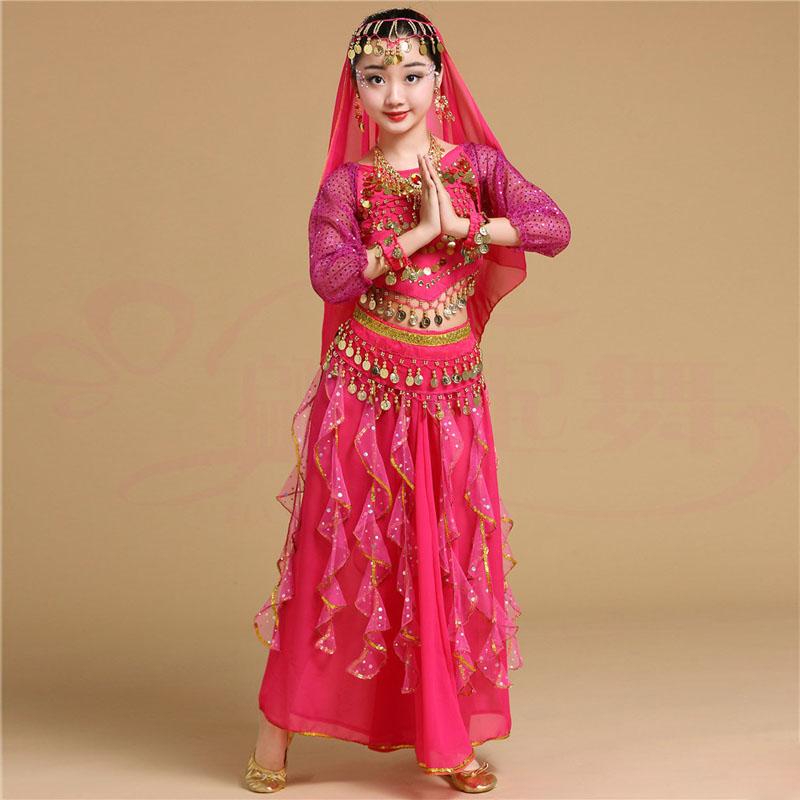 Girls Tulle Indian Belly Dance Clothing Children Performance Costume Tops+Skirt+Waist Chain + Headwear+(Bracelet 2pcs)+Necklace Dance Suit