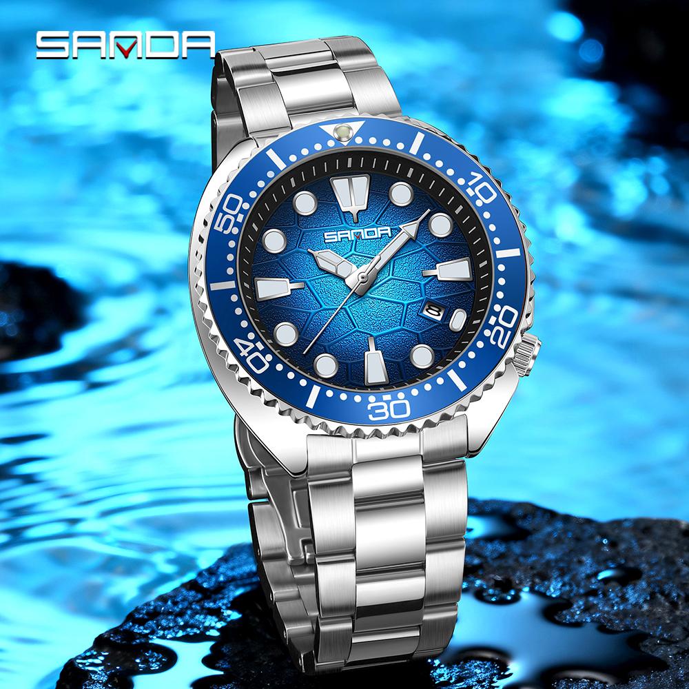 Men's Business Leisure Watch Volcanic Lava Texture Scratch Resistant Glass Waterproof Rotating Bezel Night Light Quartz Wristwatches