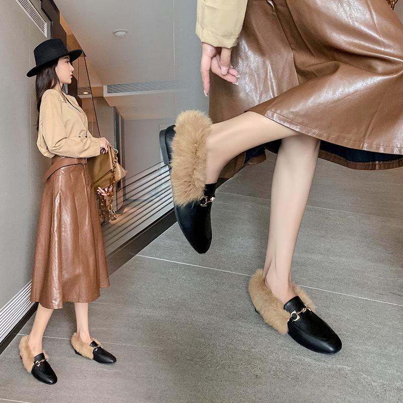 Ретро Лоферы Модные Женские Туфли Осень и Зима Женские Велюровые Теплые На Плоской Подошве Кроличья Шерсть Кожаные Туфли