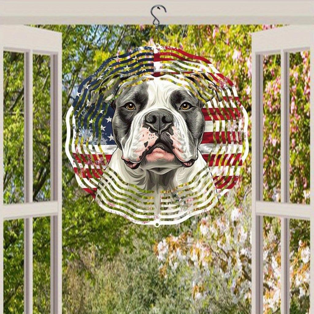 Patriotic Metal Wind Chime American Flag Bulldog Design Dual Direction Rotating Garden Decor No Power Needed Easy To Install