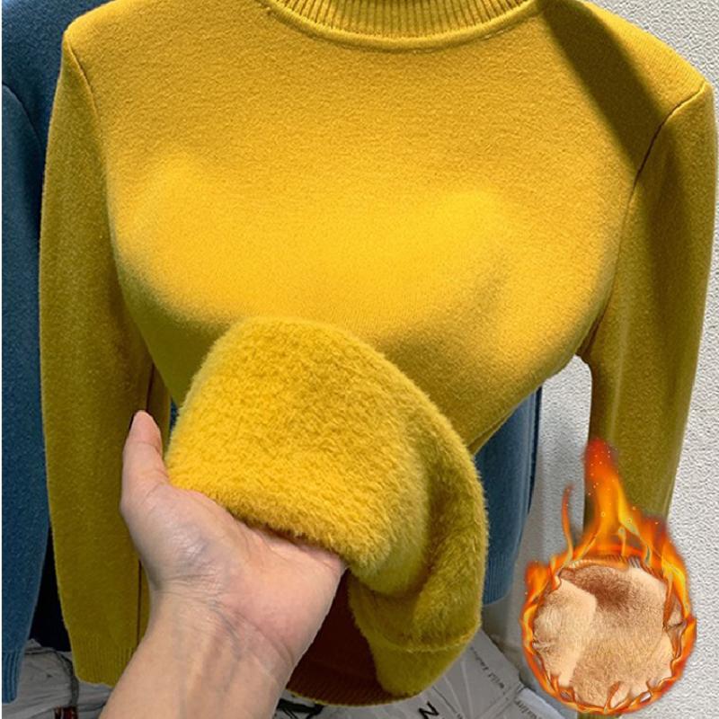 Корейский теплый свитер, пуловер, женский зимний тонкий утепленный плюшевый трикотаж на бархатной подкладке, джемпер, полуводолазка, поляры, мягкие вязаные топы