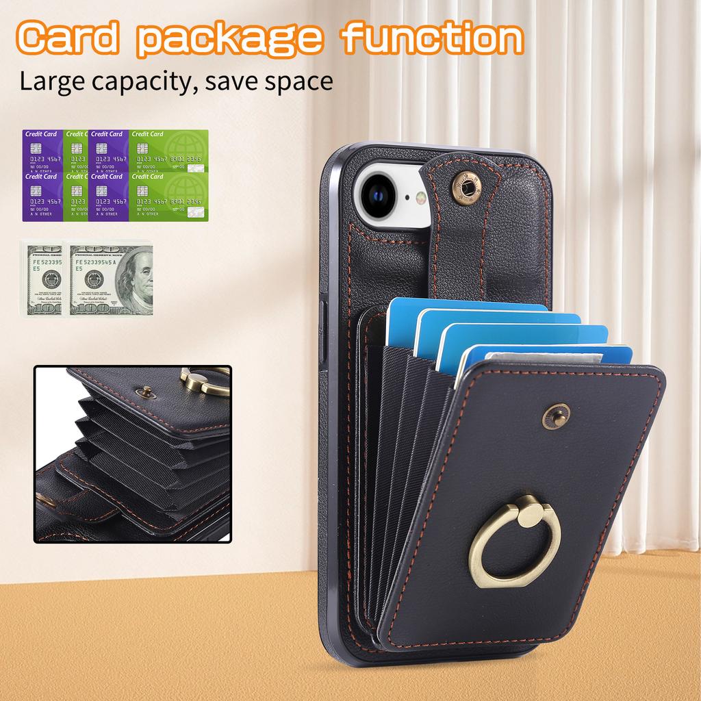 For iPhone 16e Case Card Holder Ring Kickstand TPU+PU Leather Phone Cover with Long Strap