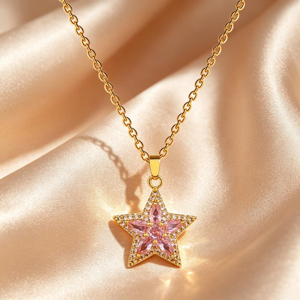 Elegant Charm Female White Pink Zircon Stone Star Pendant Necklace Gold Color Wedding Jewelry For Women