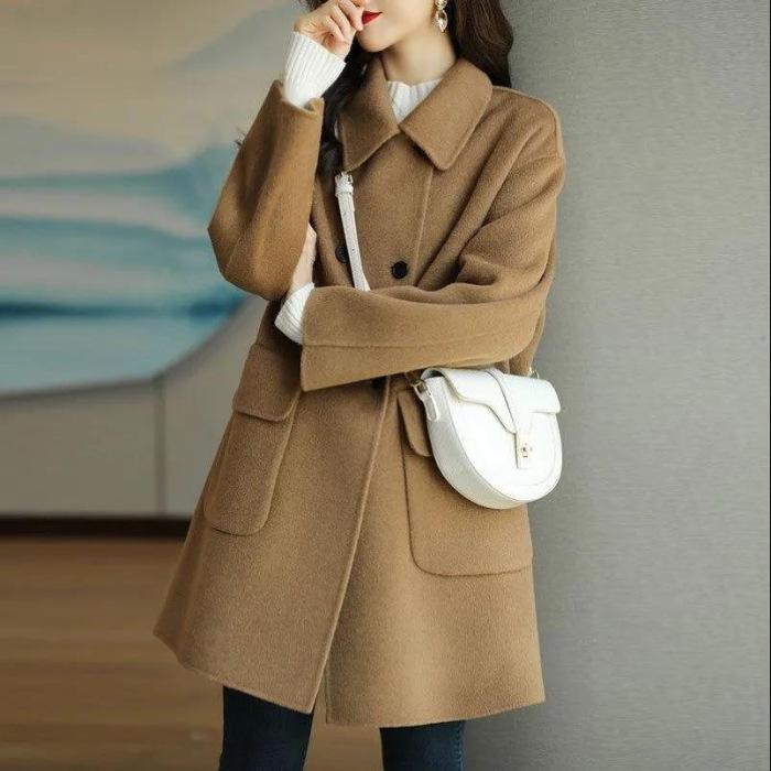 Women's Korean Style Wool Coat - 2024 Autumn/Winter, Age-Reducing, Thickened, Warm, Mid-Length, Loose Fit, Small Size.