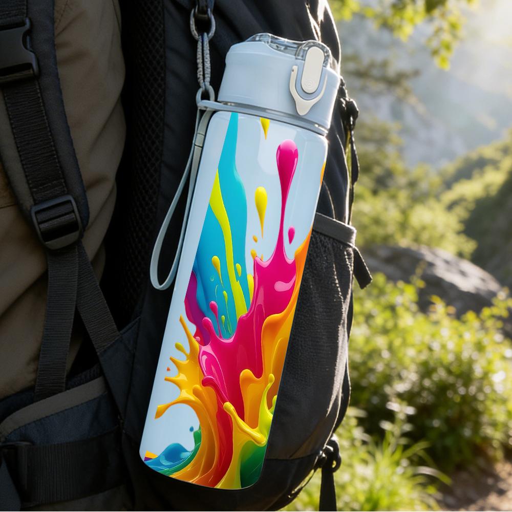 1PC Multicolor Rainbow Ink Splash 750ml Color Plastic Water Bottle Leakproof Flip Straw Lid For Sports Office Home Use