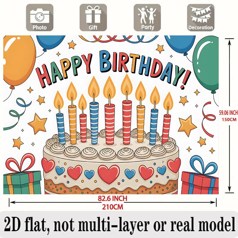 Balloons Candles Birthday Banner, Stars Gifts Backdrop Wall Decor for Party