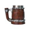 Handmade Wooden Barrel Beer Mug Viking Wood Style Beer Mug Simulation 600ml Beer Mug Double Wall Stainless Steel Resin Beer Cup
