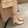 Autumn and Winter Short Boots Women Square Head Black Side Zipper Boots Women Chunky Heel Leather Boots White Single Boots High Heel Short Boots