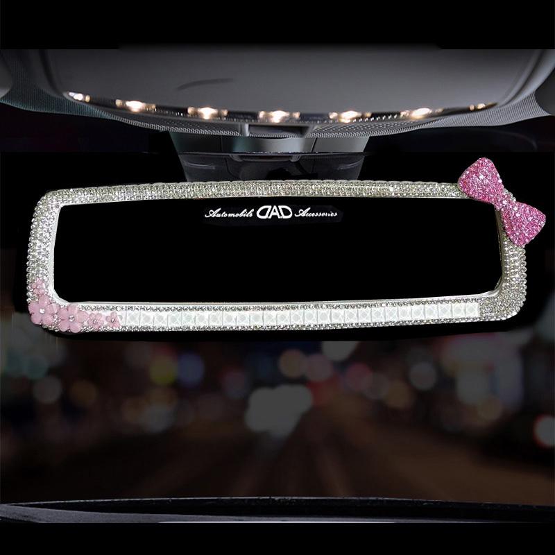 Fashion Rhinestone Bowknot Car Interior Mirror Decor Women Crystal Diamond Rear Mirror Ornament Car Mirror Accessories