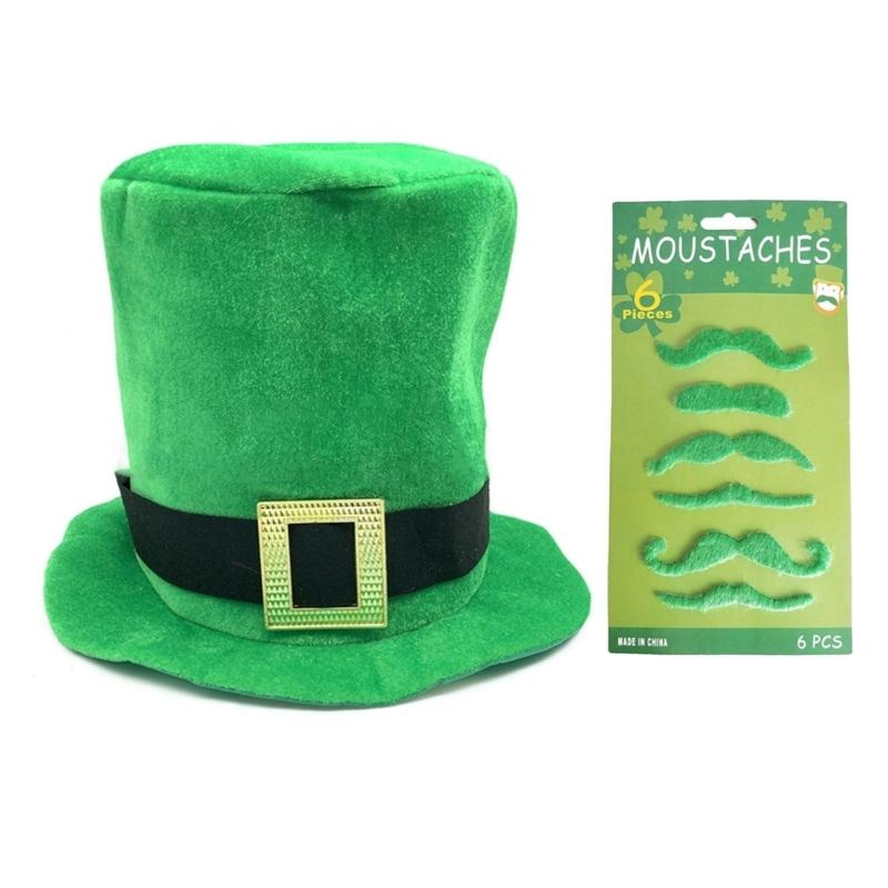 Green Irish Festival Hat with 6 Artificial Moustaches Beards Patricks Day Cosplay Hat for Men Women Festival Celebration