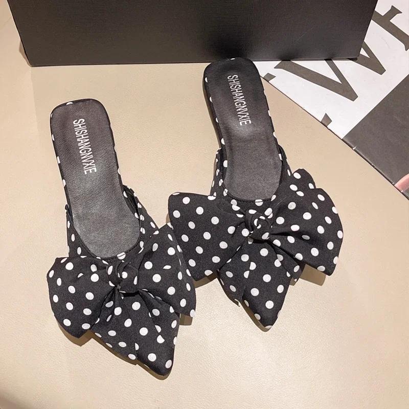 Oversize Bowtie Mule Shoes Women Fashion Pointed Toe Stripe Wave Slip-on Sandals Ladies Luxury Satin Silk Outdoor Flat Slippers
