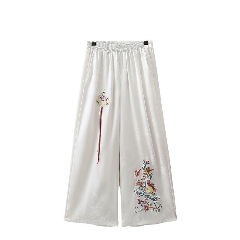 Весна и лето Новые женские широкие брюки в китайском этническом стиле с вышитыми цветами, повседневные свободные брюки