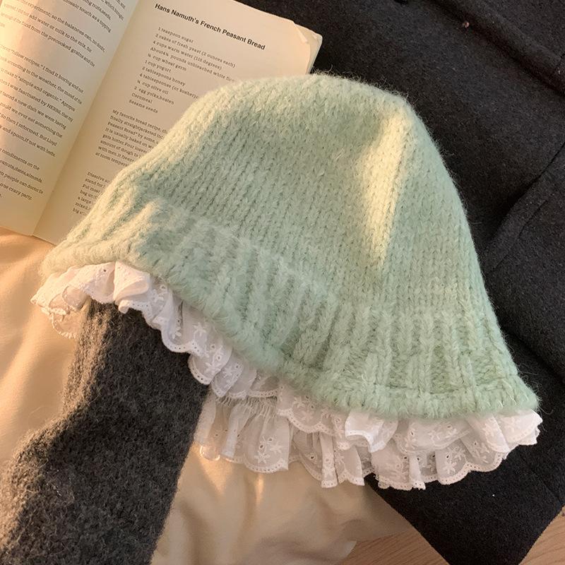 Lace lace knitted bucket hat women's season sweet versatile wool hat warm face small hat tide