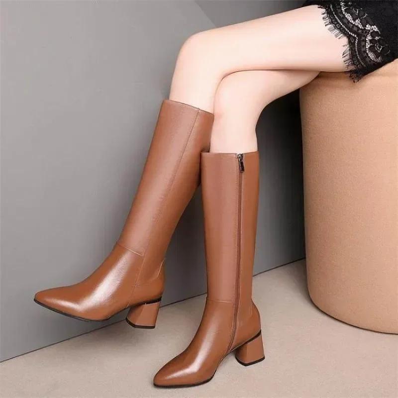 Fashion Women's Knee High Boots Fashion Pointed Toe Thick Heel Long Boots Autumn/Winter Ladies Elegant Side Zippers High Heel Shoes