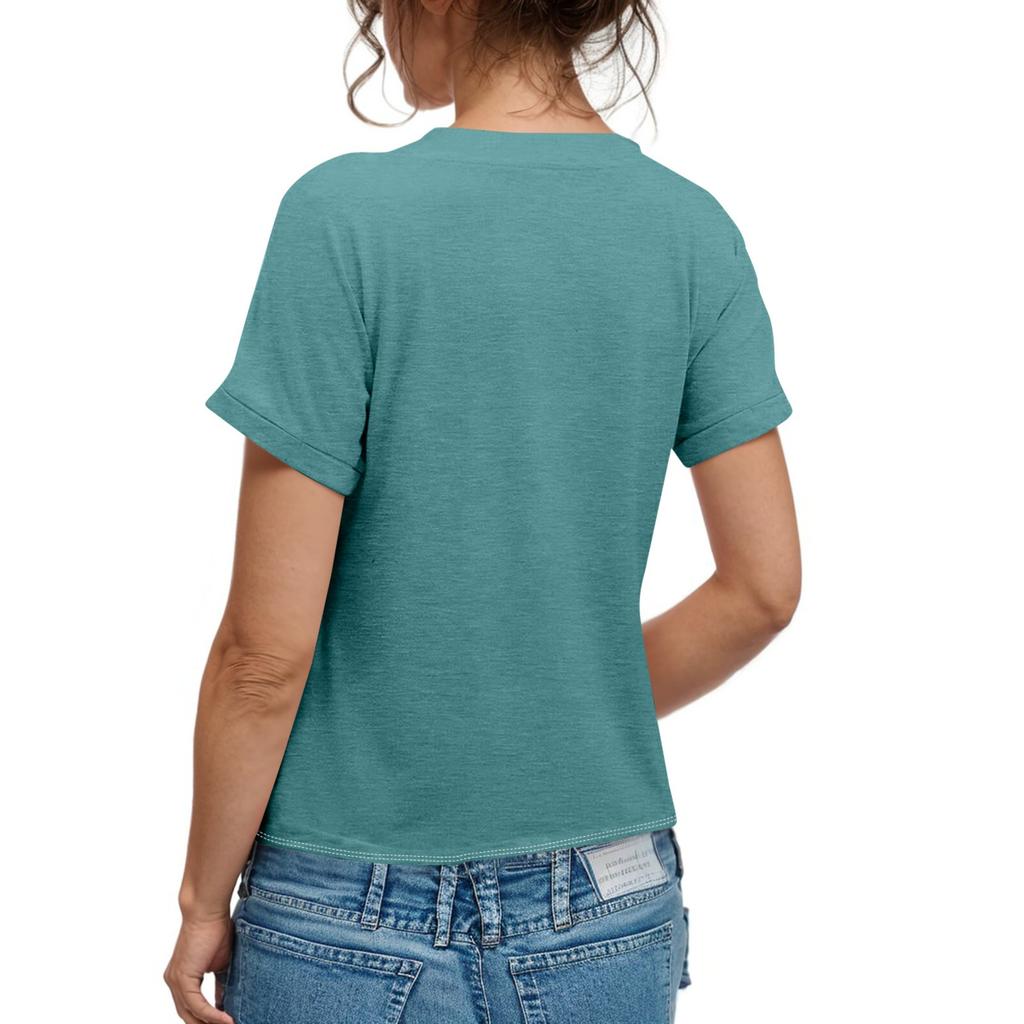 Women's Fashion Short-sleeved V-neck Solid Color Top Casual Button T-shirt