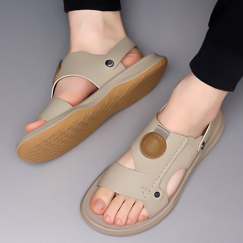 Модные мужские тапочки, летние сандалии, мужские кожаные сандалии для взрослых, на толстой подошве, нескользящие сандалии с открытым носком, мужская обувь