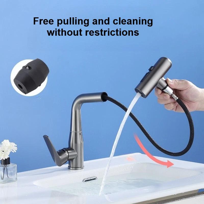 4 Modes Waterfall Bathroom Faucets Stainless Steel Washbasin Faucet Hot and Cold Pull-out Mixer Tap Hand-washing Basin Faucet