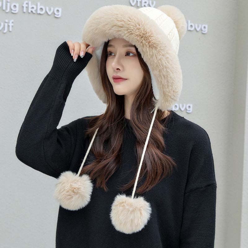 Шапка женская осенне-зимняя теплая вязаная шерстяная шапка милая дикая толстая теплая корейская версия плюшевой шапки Tide
