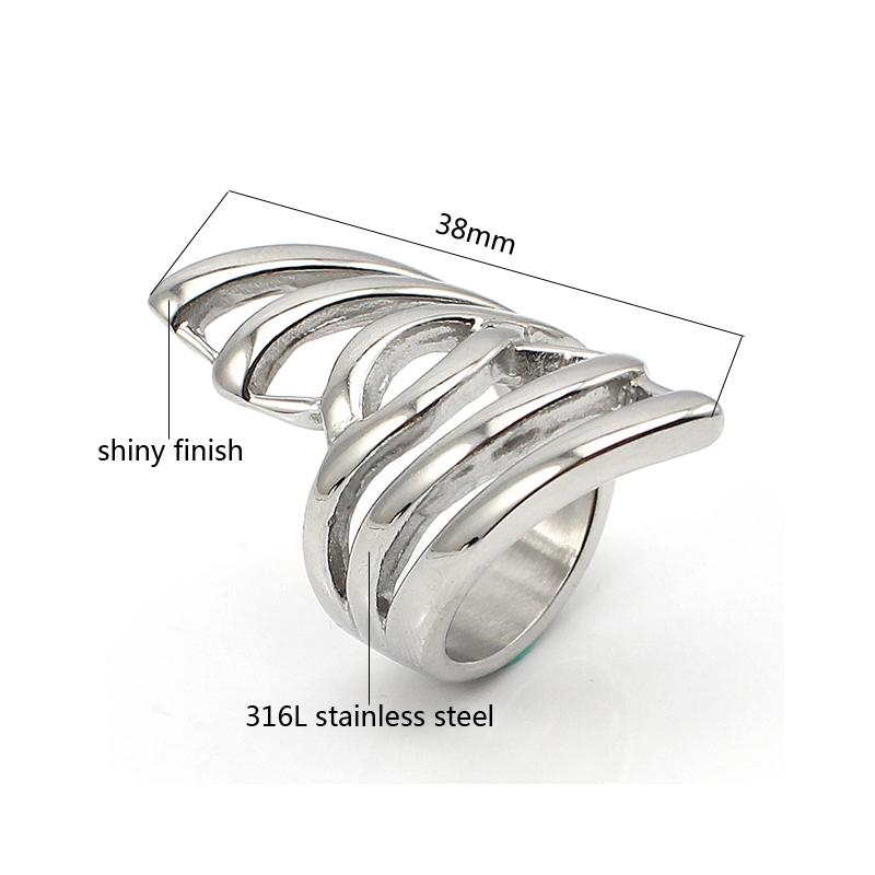 Silver Color Hollow Long Party Finger Rings Size 7 8 9 Stainless Steel Wing Rings For Women