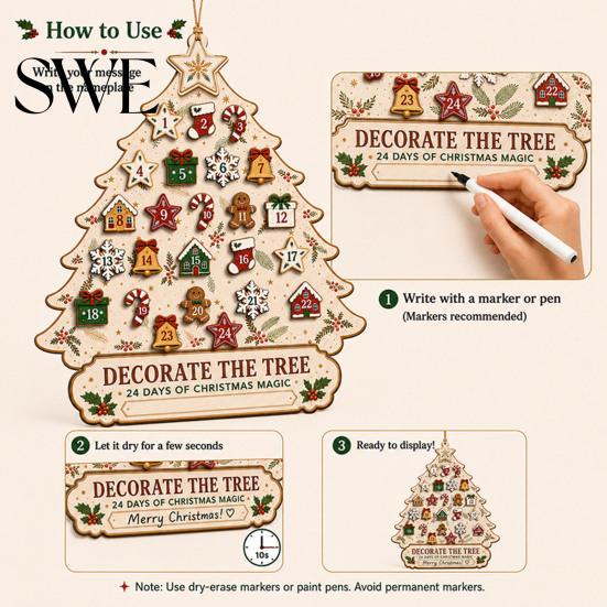 Kids Holiday Gift Wooden Christmas Tree Advent Calendar, 24-Day Countdown Hanging Decoration Ornament Set with Mini Ornaments, Wall Decor, Family