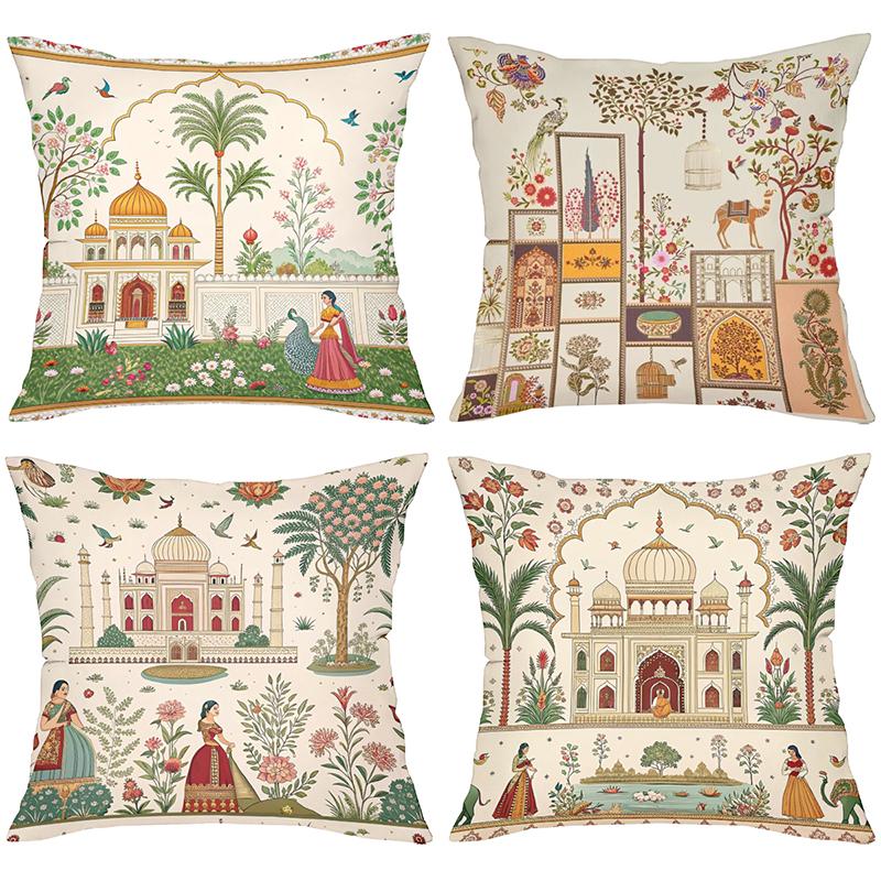 Наволочки в индийском стиле с узорами дворцов и женщин, полиэстеровая наволочка, декоративная наволочка для дивана, подушка для изголовья