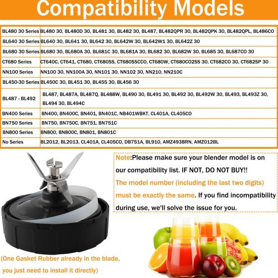 Blender Replacement Parts for Ninja 7 Fins Blade BN401 BN751 BN801 BL480 BL640 Cup Nutri Blender Parts High-Impact Plastic Stainless Steel Extractor