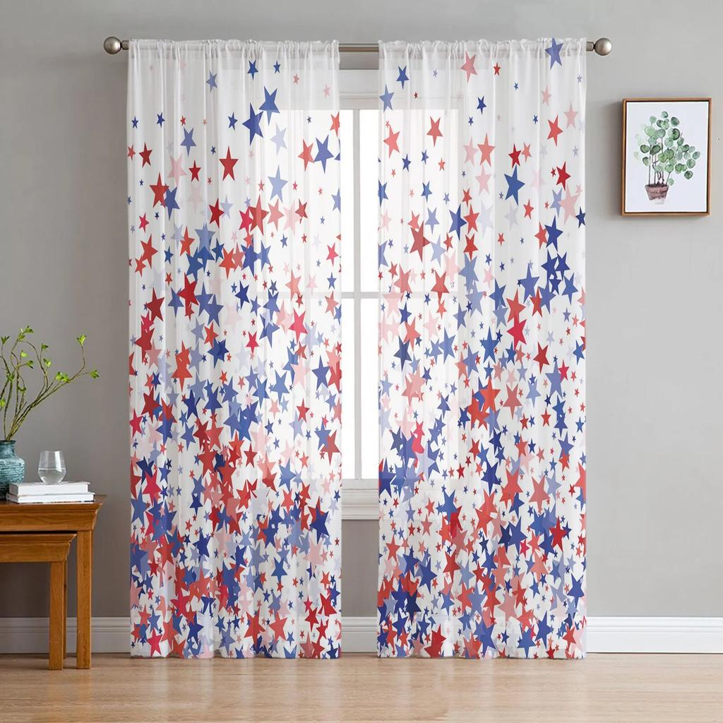 Independence Day Pentagram Sheer Window Curtains For Living Room Kitchen Children Bedroom Voile Hanging Curtain