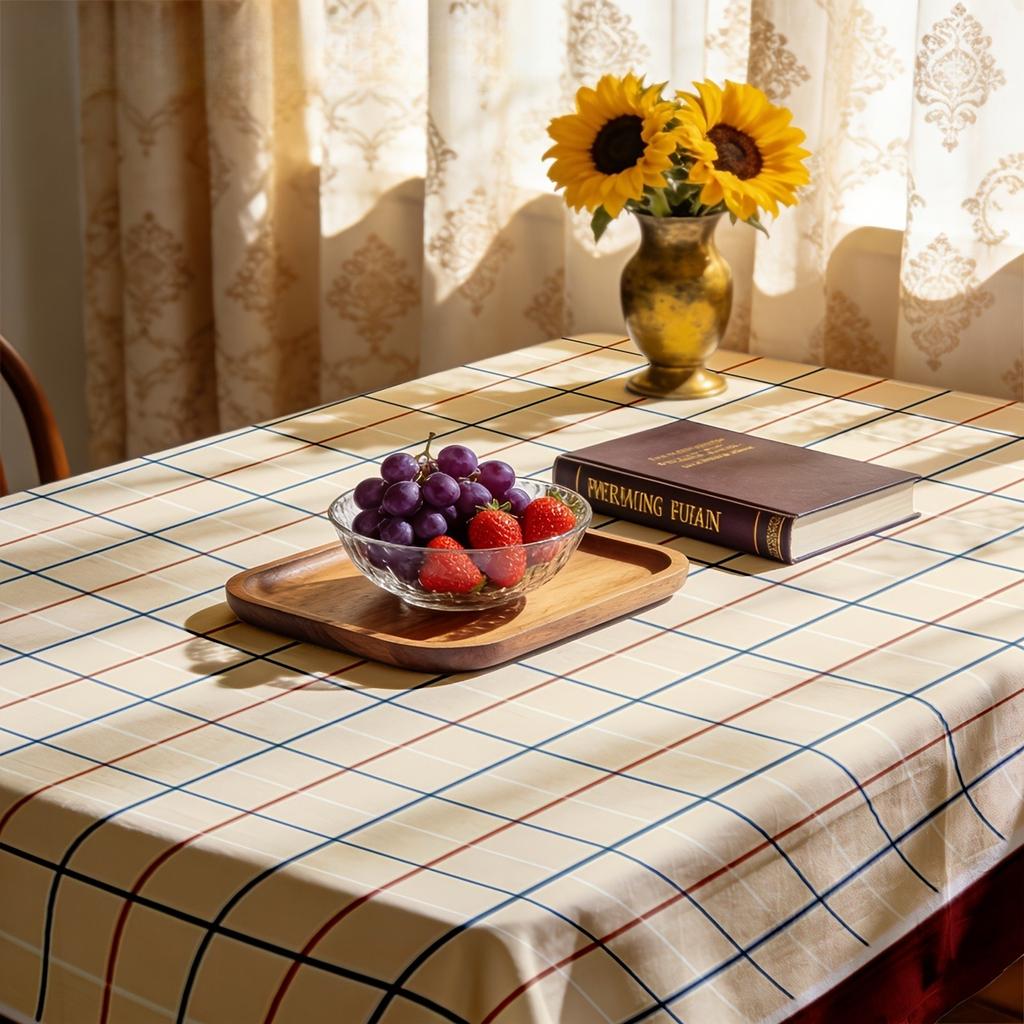 1pc Rectangular Checkered Grid Pattern Tablecloth with Blue and Red Border Design, Durable Polyester, Suitable for Indoor/Outdoor Holiday Party Decora