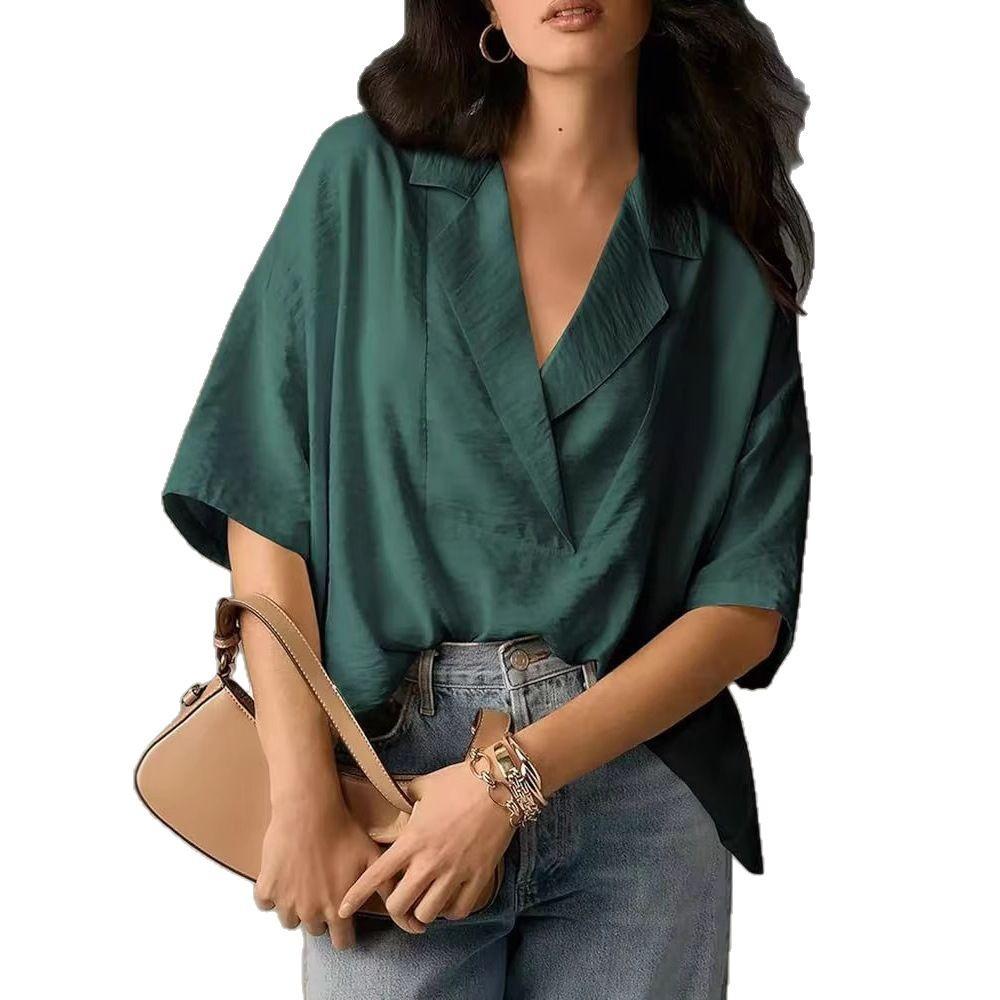 Summer Short Sleeved Lapel Casual Loose Top Solid Color Women's Blouses & Shirts