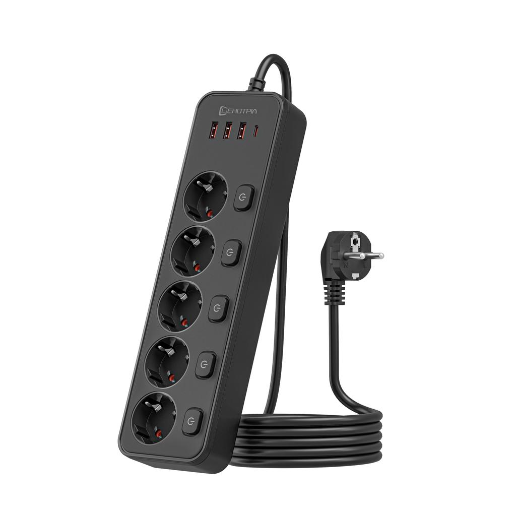 EU AC Plug 1.8M Extension Cord European Standard Independent Switch Multitap Power Strip Network Filter With USB C Ports Charging