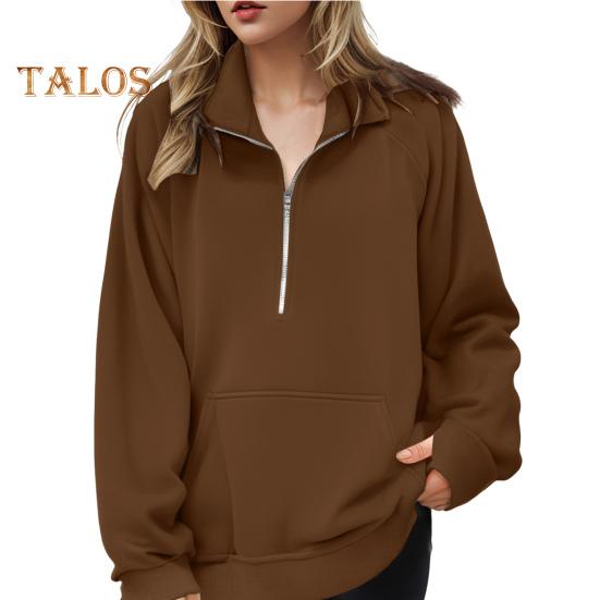 Женская толстовка осень-зима с застежкой-молнией на лацкане, с длинным рукавом и передним карманом, пуловер, однотонный свободный спортивный свитшот