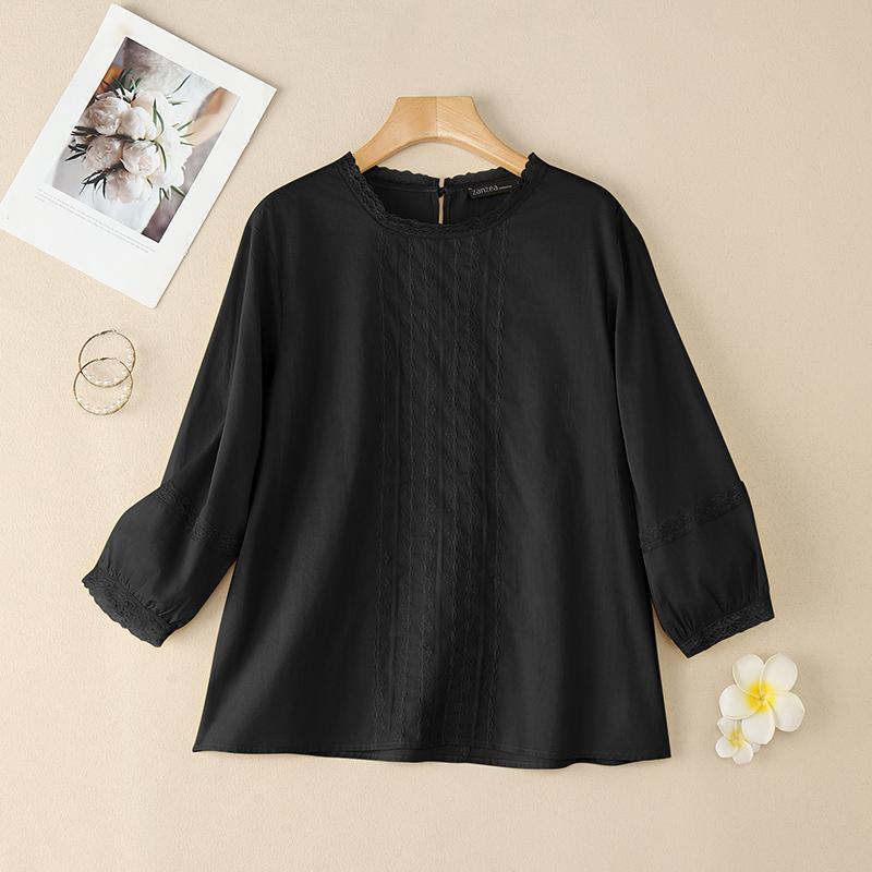 ZANZEA Женская повседневная блузка из хлопка с круглым вырезом и рукавом 3/4