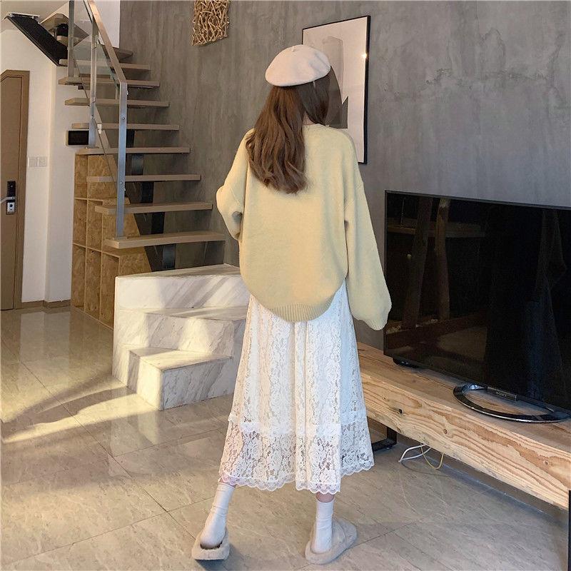 Female Lady Korean Style Black White Blue Lace Midi Skirt Women Spring Autumn Cute Elegant Office A-line Skirt