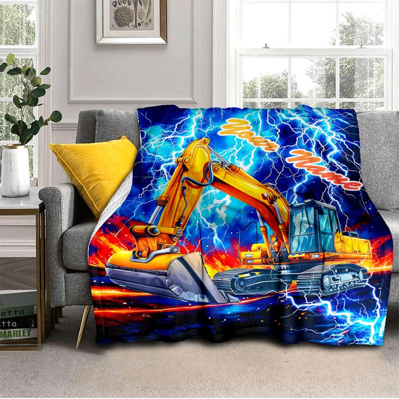 1PC Custom Name Electric Excavator Thunderstorm Flannel blankets Patterns Throw Blanket All-Season Soft Gift for Couch, Bed, Camping gifts