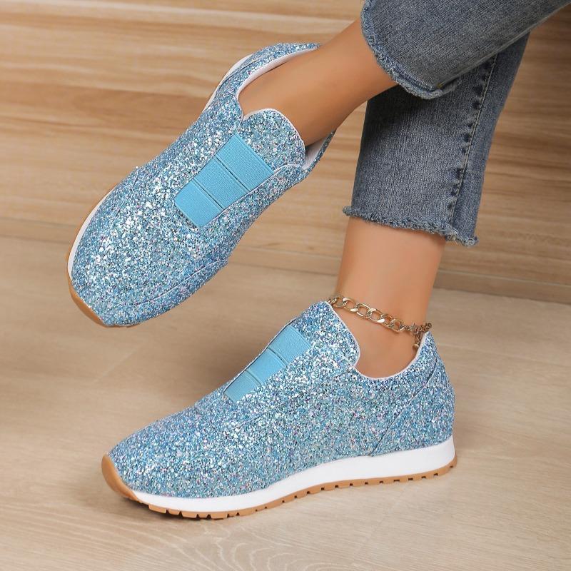 Women's Glitter Slip-On Flats, Rhinestone Elastic Platform Loafers, Round Toe Casual Shoes In Stock