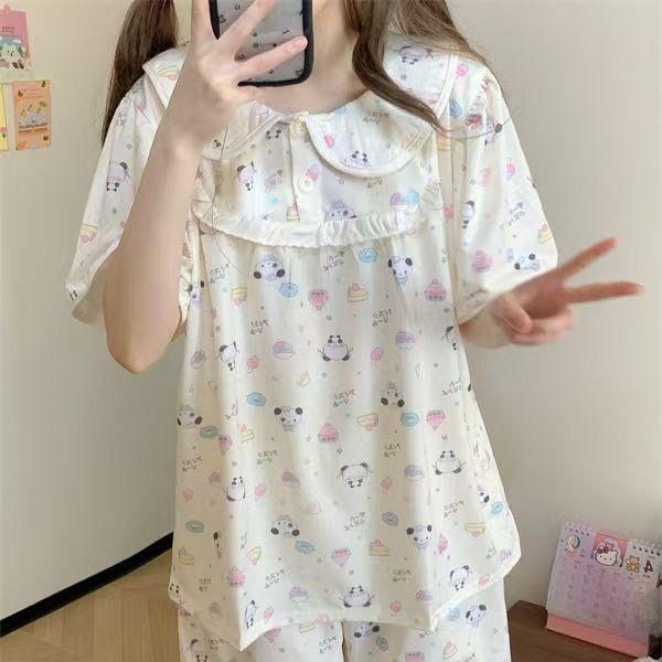 Sweet girl shaved ice bear pajamas women's summer short-sleeved shorts cute doll collar suit student dormitory loungewear